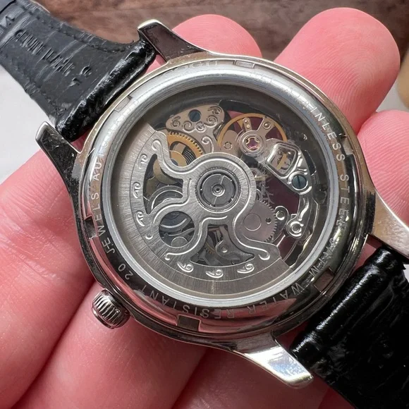 COGU Skeleton Watch Automatic Exhibition Back Mens Black Silver
